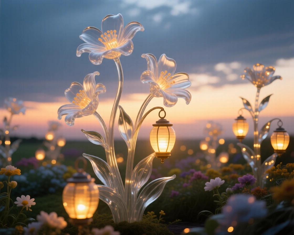 A garden where flowers glow like lanterns at night at golden hour with warm rays breaking through the clouds, epic scale composition, inspiring a sense of wonder and hope.