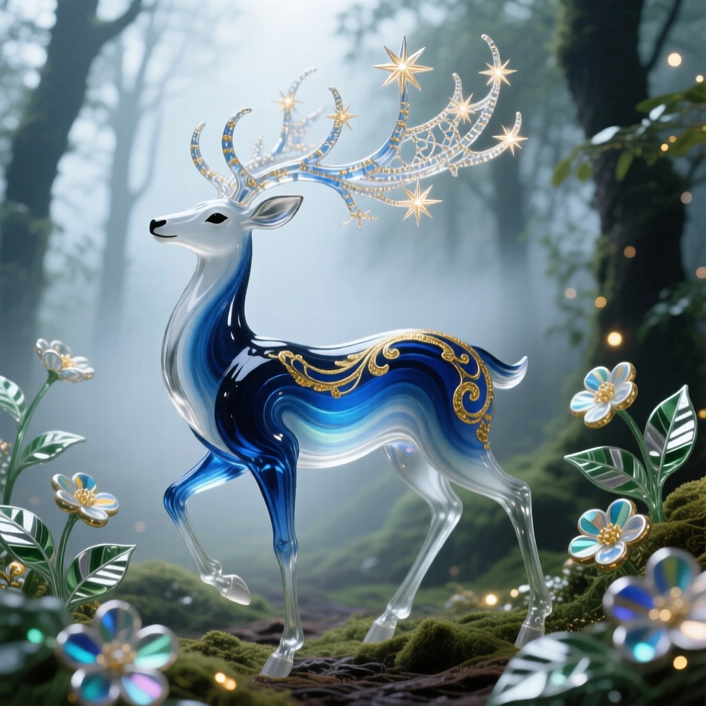 A celestial stag with antlers of starlight walking through a misty forest, magical and serene.