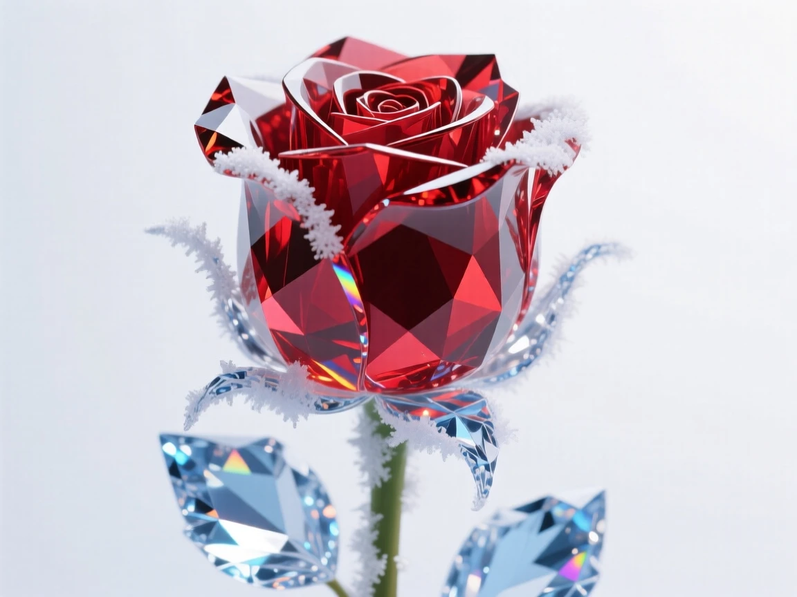 A single crimson rose bud wrapped in delicate frost crystals.
