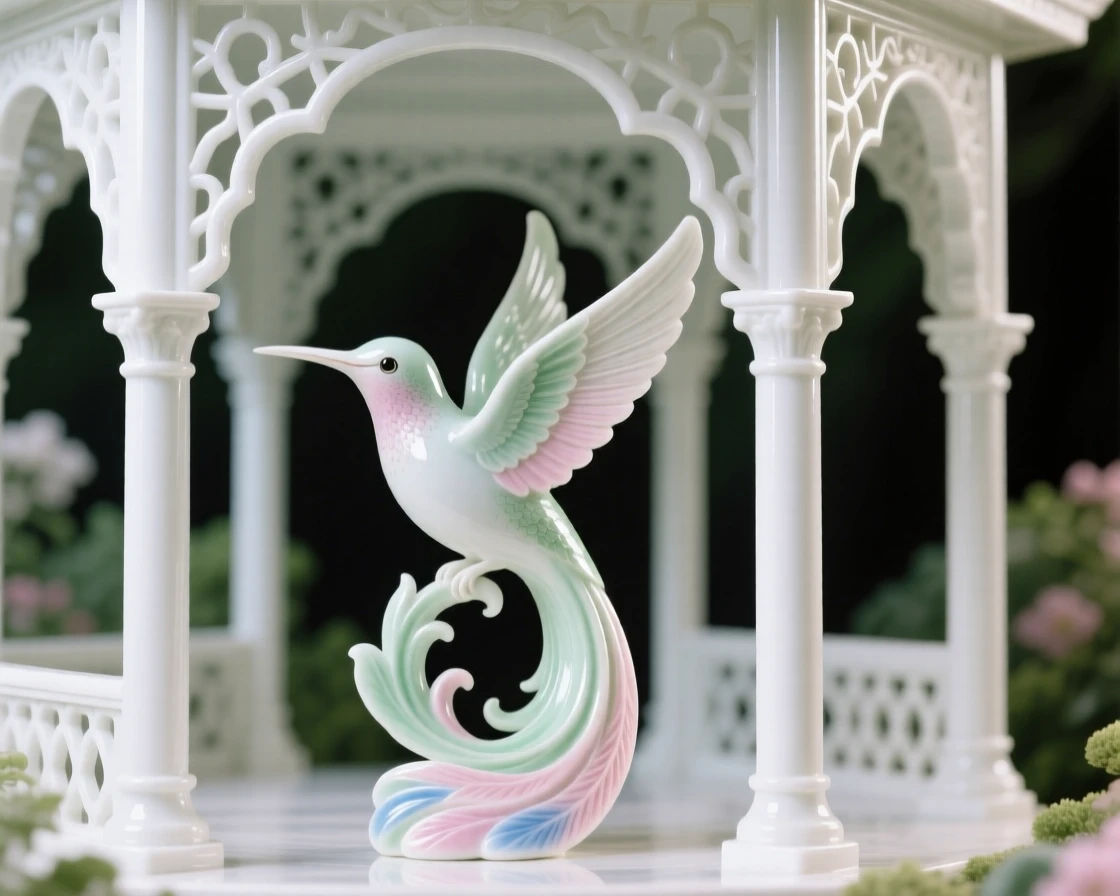 A elegant hummingbird in an ornate garden pavilion, its tail feathers fanned in full display.