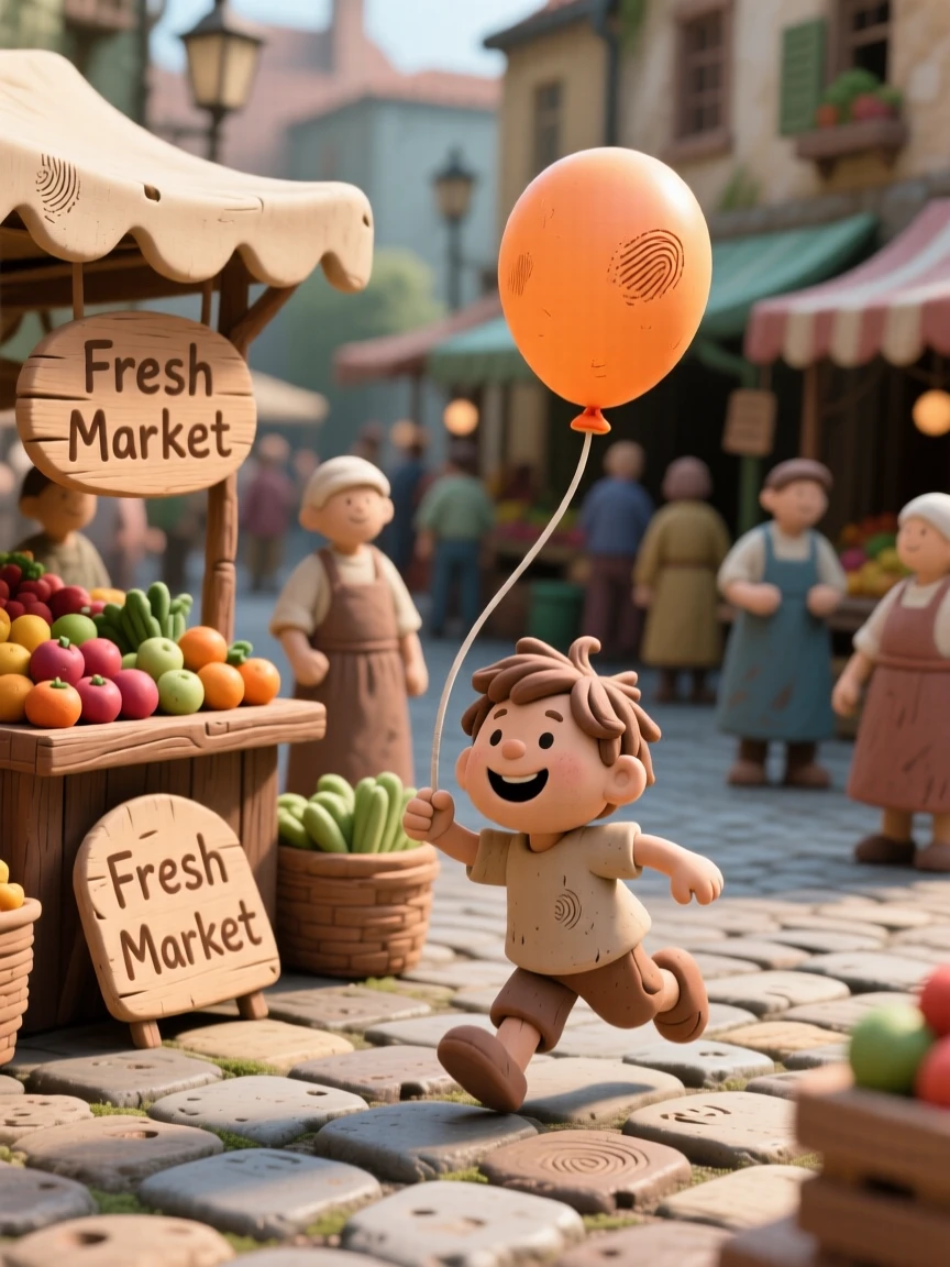 A child chasing a runaway balloon across a busy market square