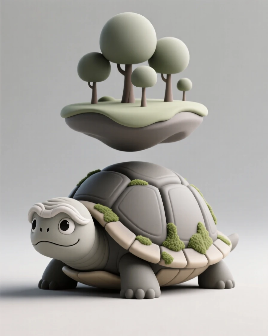 A wise old turtle spirit carries a floating island of trees on its ancient, moss-covered shell.