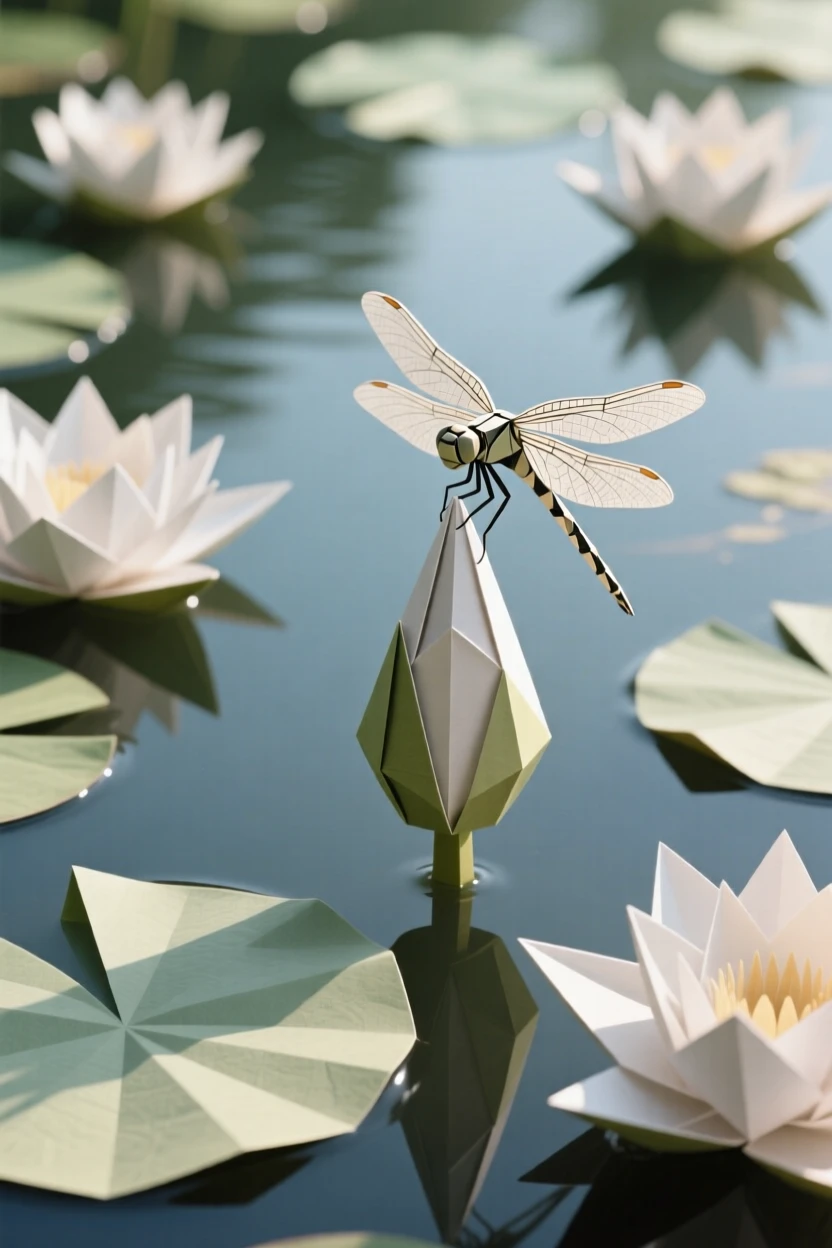 A quiet lily-covered pond where a single dragonfly rests on an unfurling bud.
