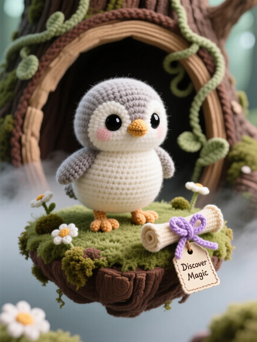 a round baby cloud puffin, with a soft misty beak, waddling along the edge of a floating island, within a cozy hollow inside a giant tree trunk, near a tiny scroll tied with a ribbon, radiating curious innocence meeting a magical world.