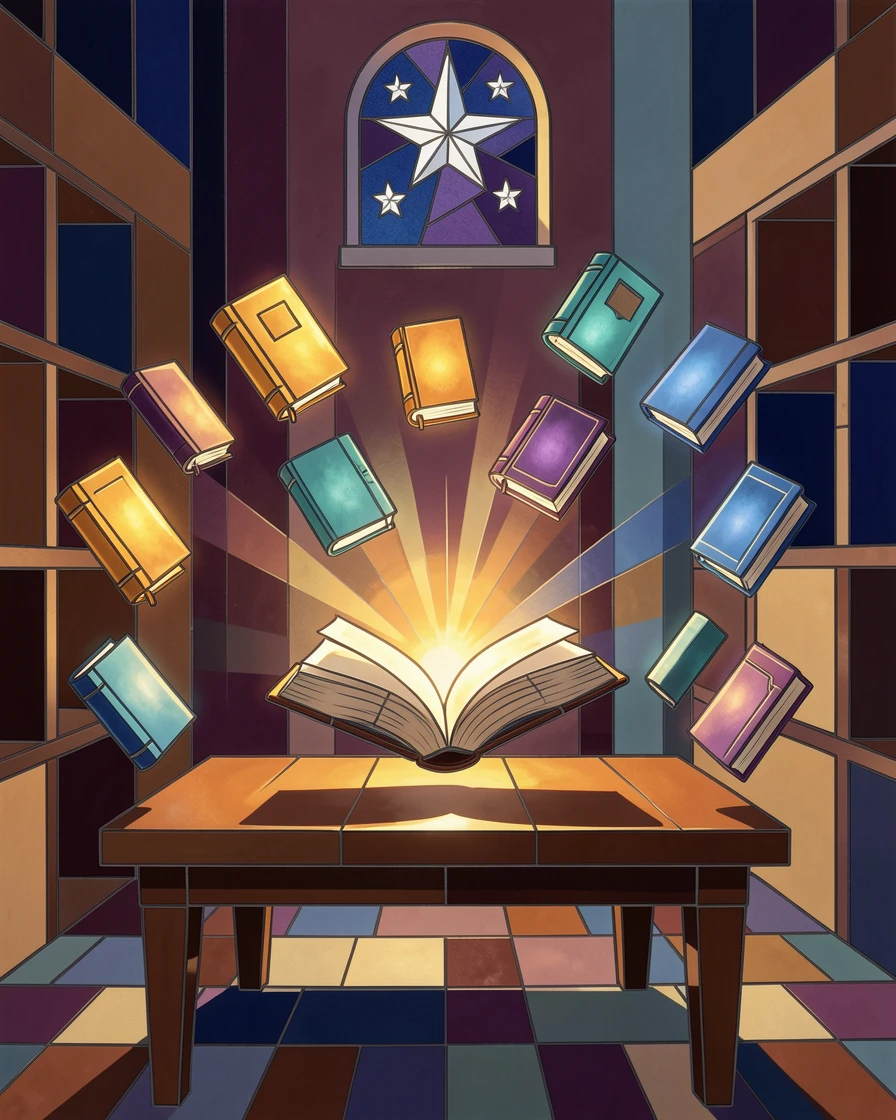 An enchanted library filled with floating glowing books, rendered with dramatic magical lighting and rich atmospheric detail.
