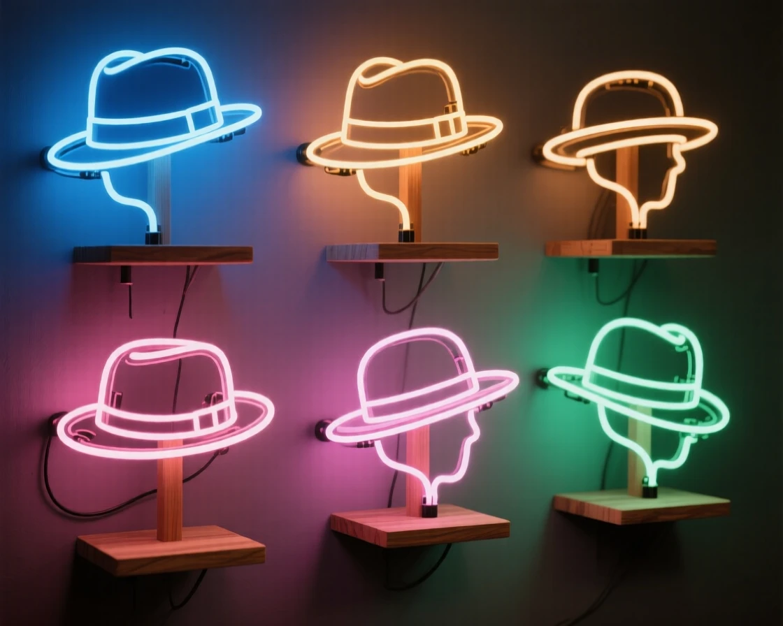 A collection of vintage hats displayed on wooden stands.