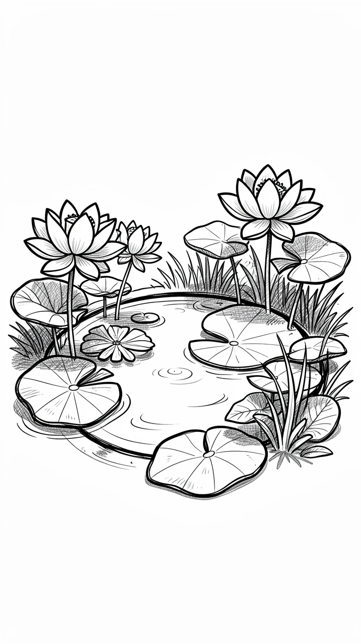 A pond edged with lotus flowers in a botanical garden.