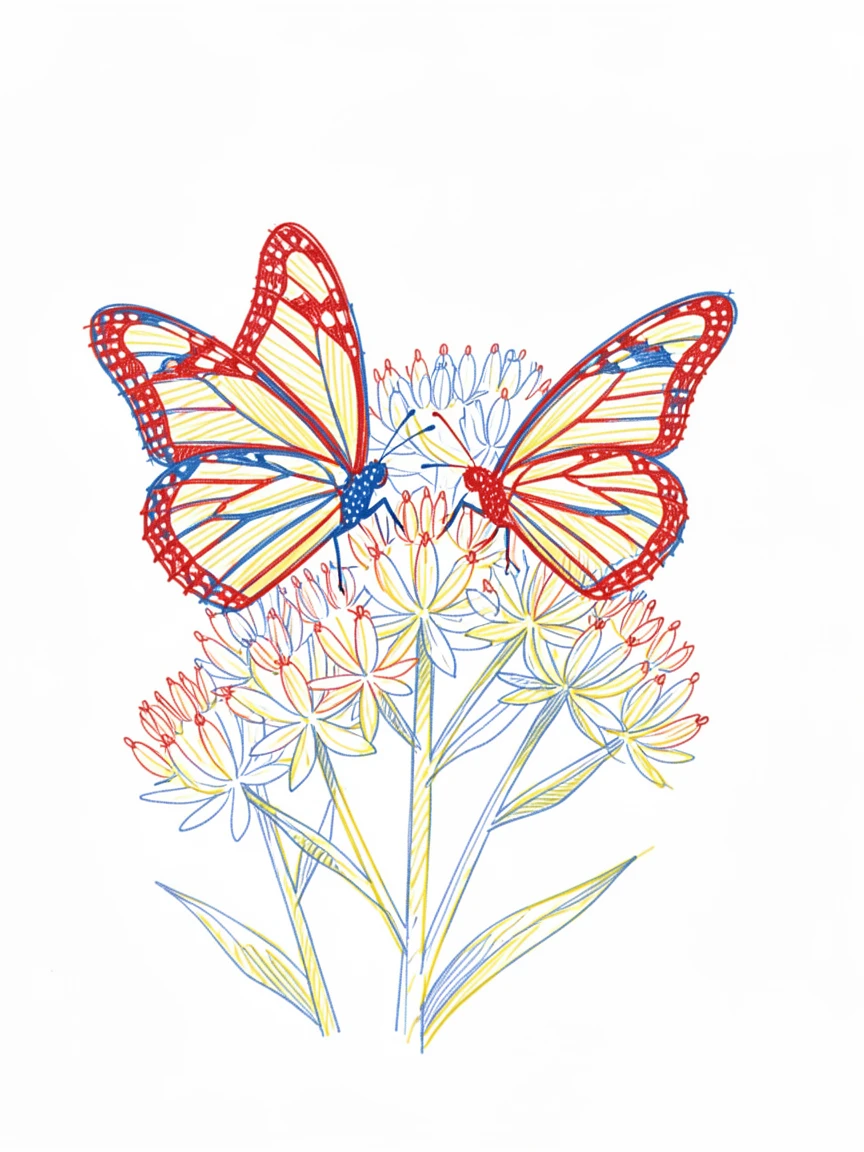 A pair of monarch butterflies resting on a cluster of milkweed flowers