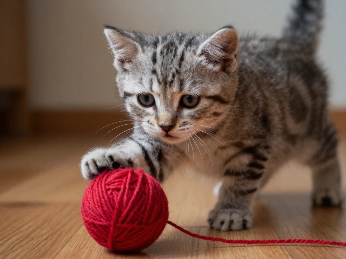A kitten batting at a ball of yarn