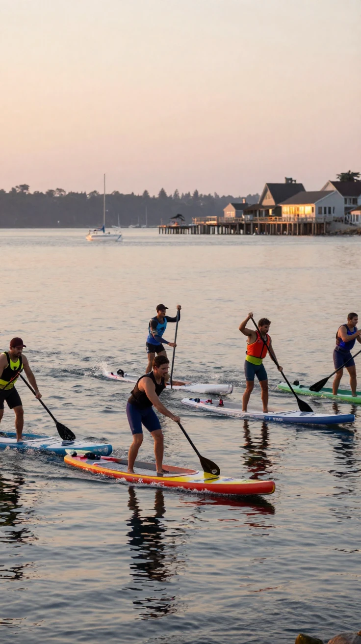 A group of paddleboarders races across a calm harbor at sunrise.