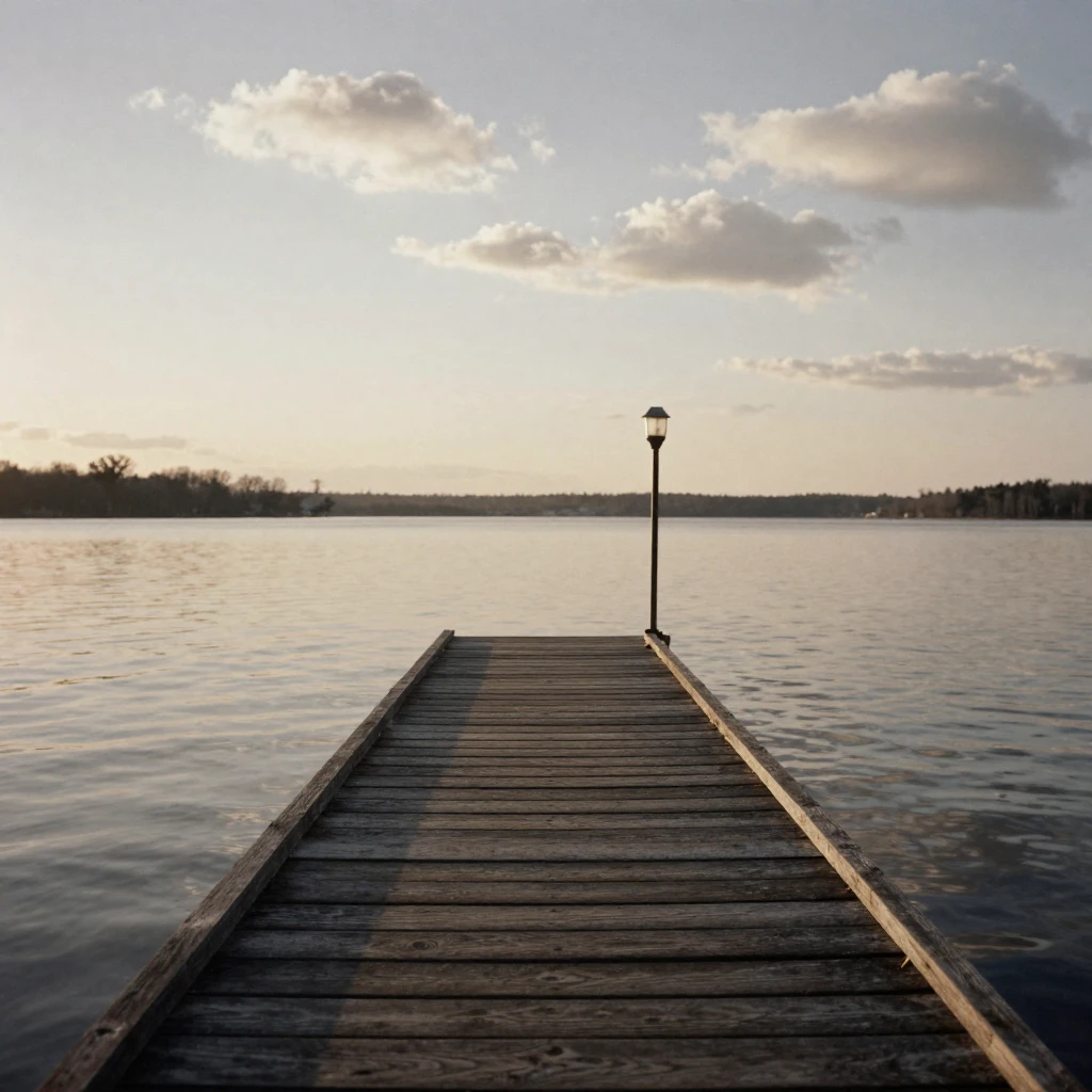 A wooden dock stretching into a lake at golden hour, in low lamplight, under scattered clouds, in early spring, with stark black-and-white contrast softened by a single warm hue, captured from a low angle looking up.
