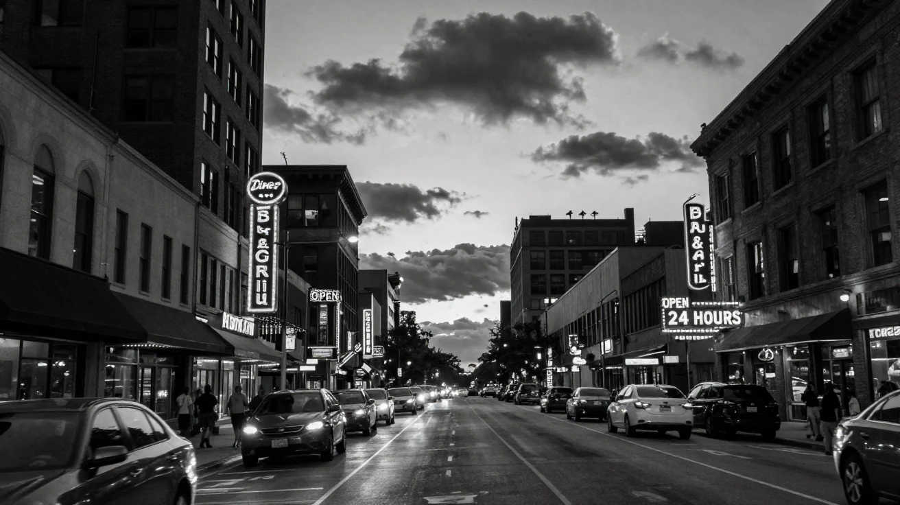 A neon-lit downtown avenue buzzes with signs and traffic against a dramatic sunset skyline.