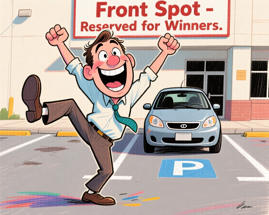 A man doing a victory dance after finding a parking spot right in front.