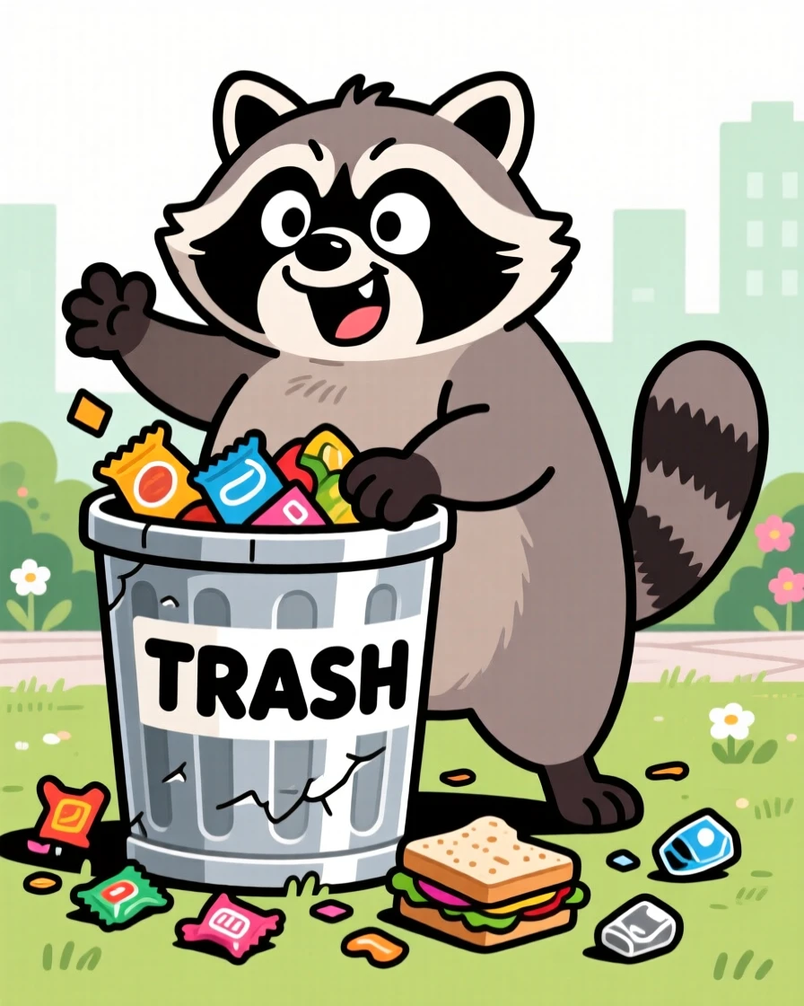 A charming animal moment featuring a curious raccoon rummaging through a trash can with an exaggerated look of triumph.