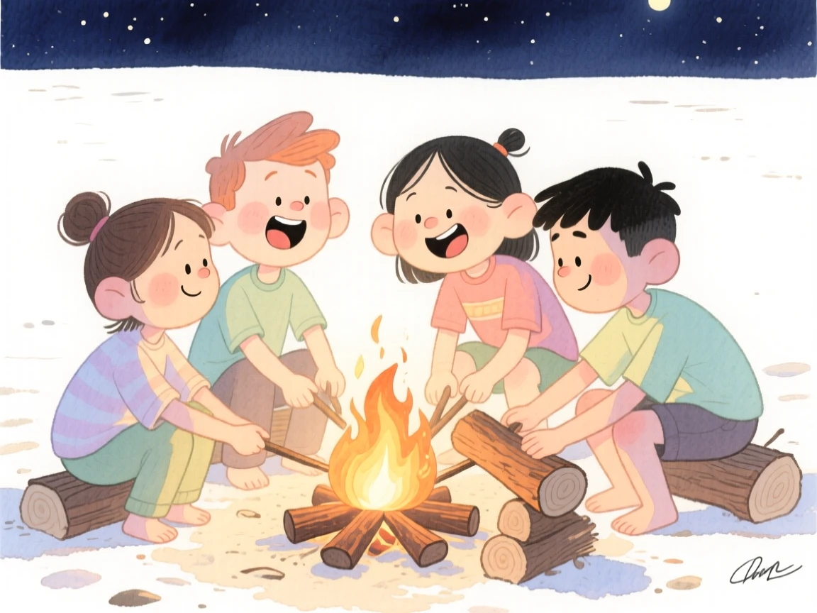 A group of four best friends building a bonfire together on a beach at night