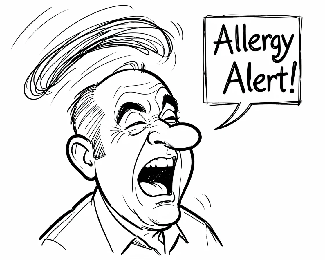 [Funny & Exaggerated Situations] Comical scene of a man sneezing so hard his toupee flies off, exaggerated for maximum laughs
