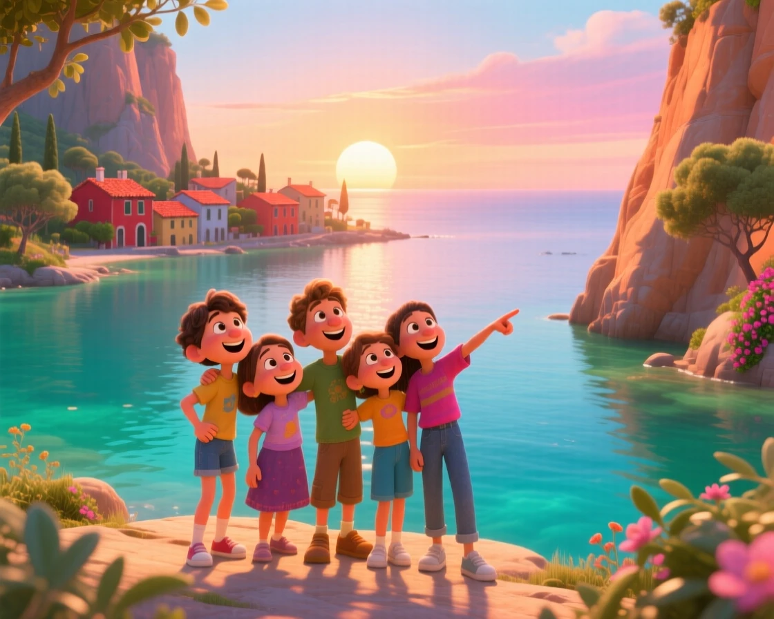 A group of friends laughing together stands at the edge of a turquoise lagoon surrounded by cliffs, watching the sun rise over the horizon. The mood is adventurous, peaceful, and awe-inspiring, with terracotta rooftops stretching into the distance.