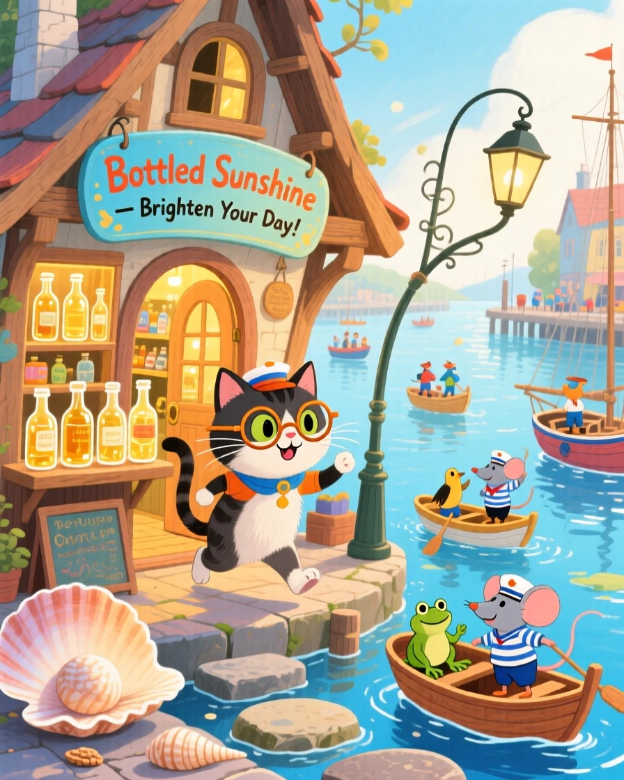 A cat wearing tiny spectacles delights in keeping a shop that sells bottled sunshine, tucked within a bustling harbor for walnut-shell boats, with everything slightly too big or too small in a charming way.