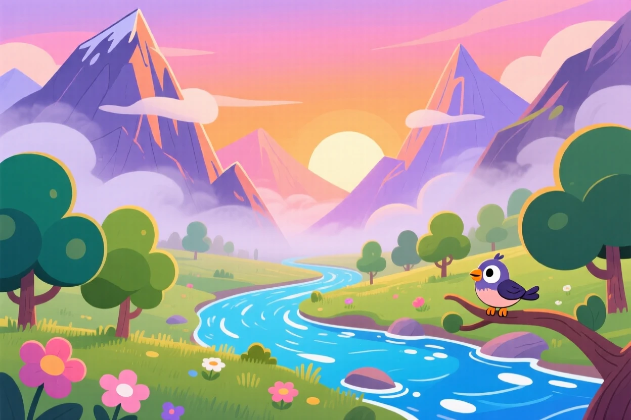 A misty mountain valley at sunrise with a winding river below.