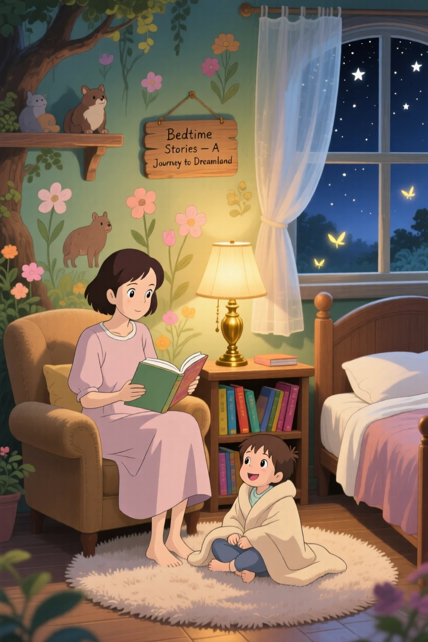 A mother reading a bedtime story by soft lamplight, the scene quietly joyful.