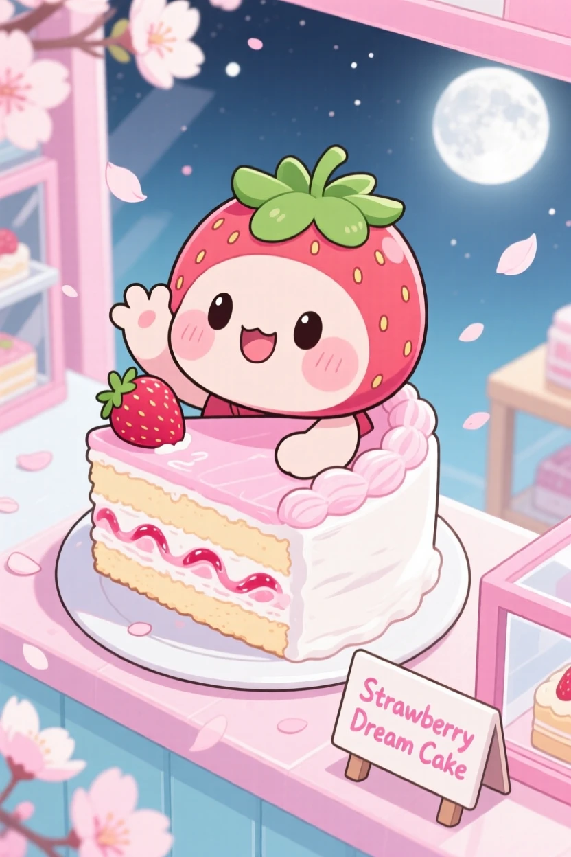 A round strawberry character with a rosy blush waving happily from atop a slice of cake, framed as a high aerial view within a pastel bakery counter, as cherry blossom petals drift on the breeze, glowing under soft moonlight, evoking playful mischief.