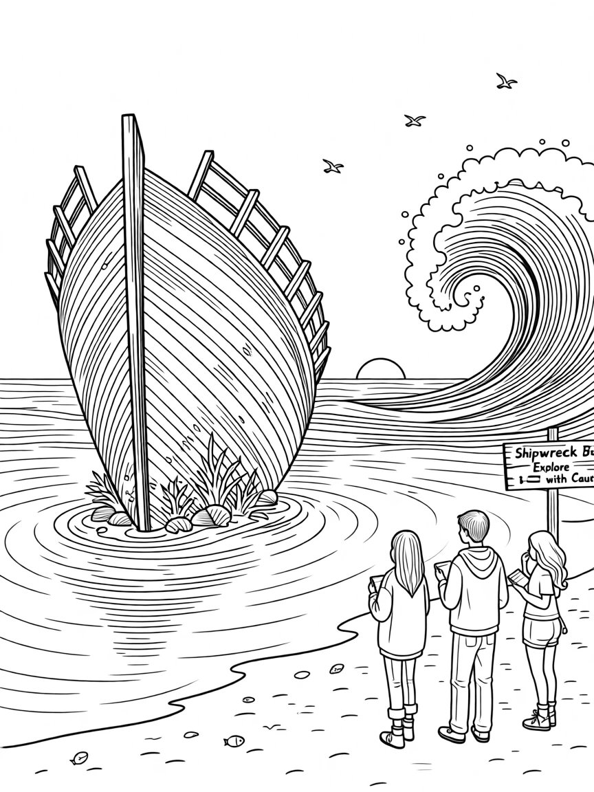 A shipwreck's bow jutting out of shallow water, with waves crashing dramatically in the background.