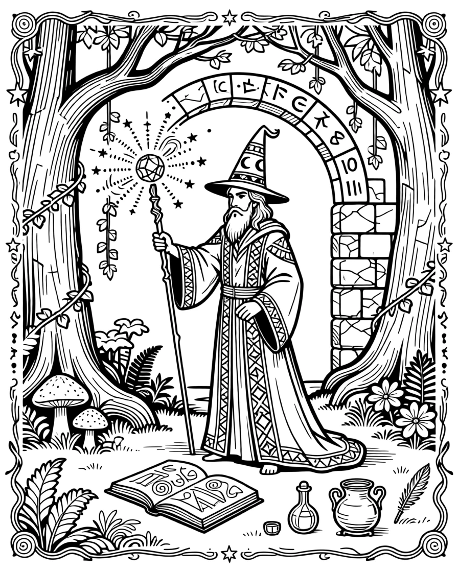 A wizard casting a spell with sparks swirling from his staff.