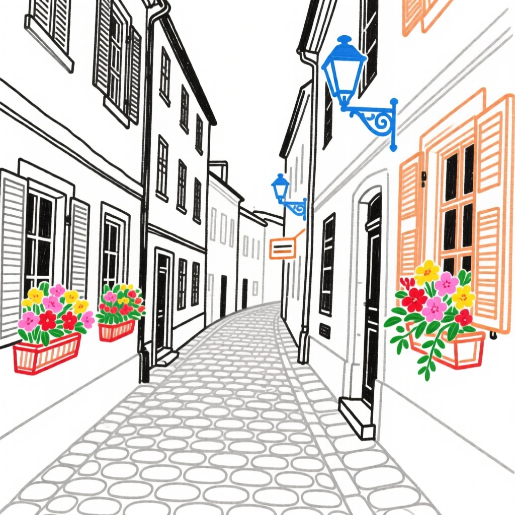 A cobblestone street lined with flower-filled window boxes.