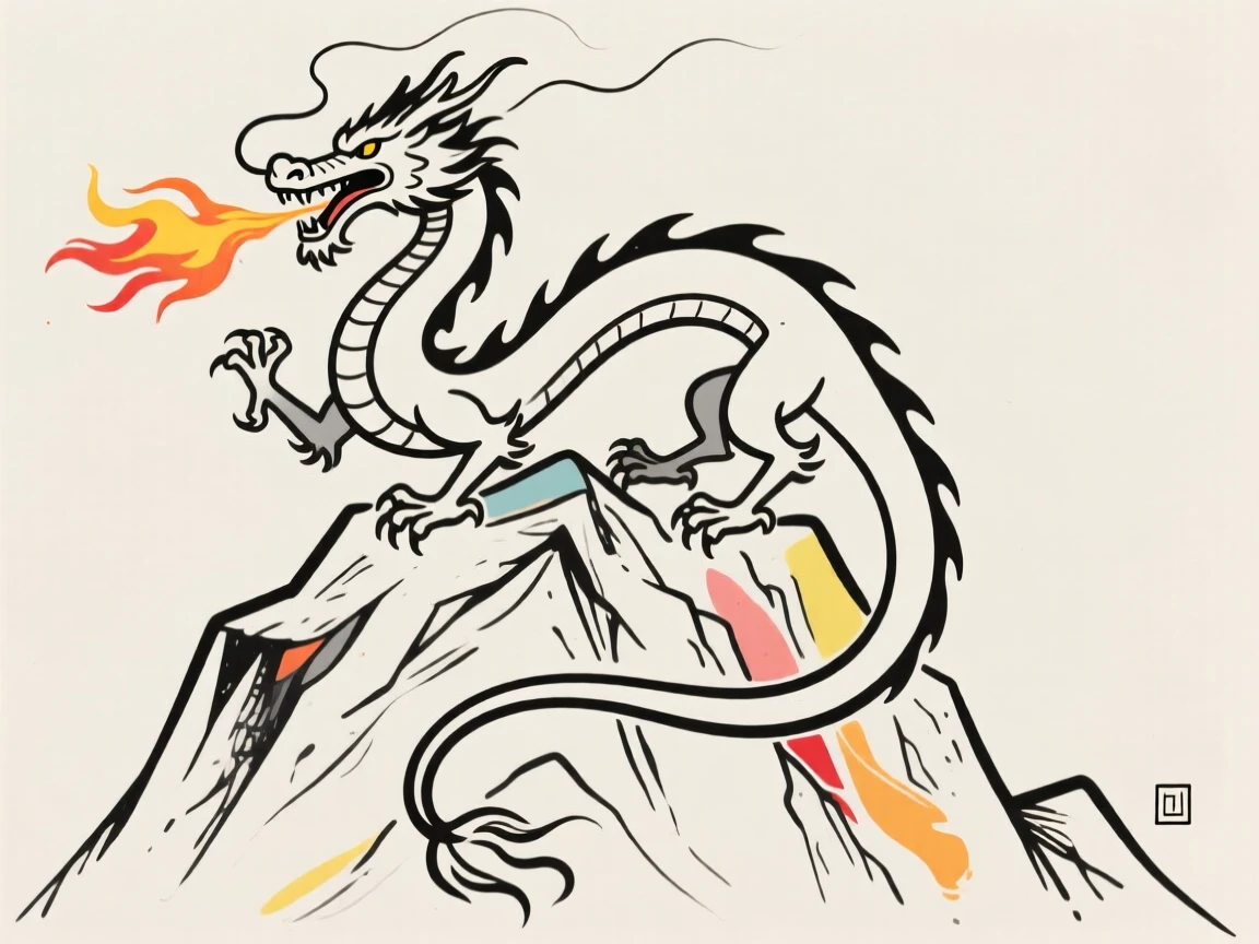 A majestic dragon perched atop a mountain peak breathing a plume of fire.