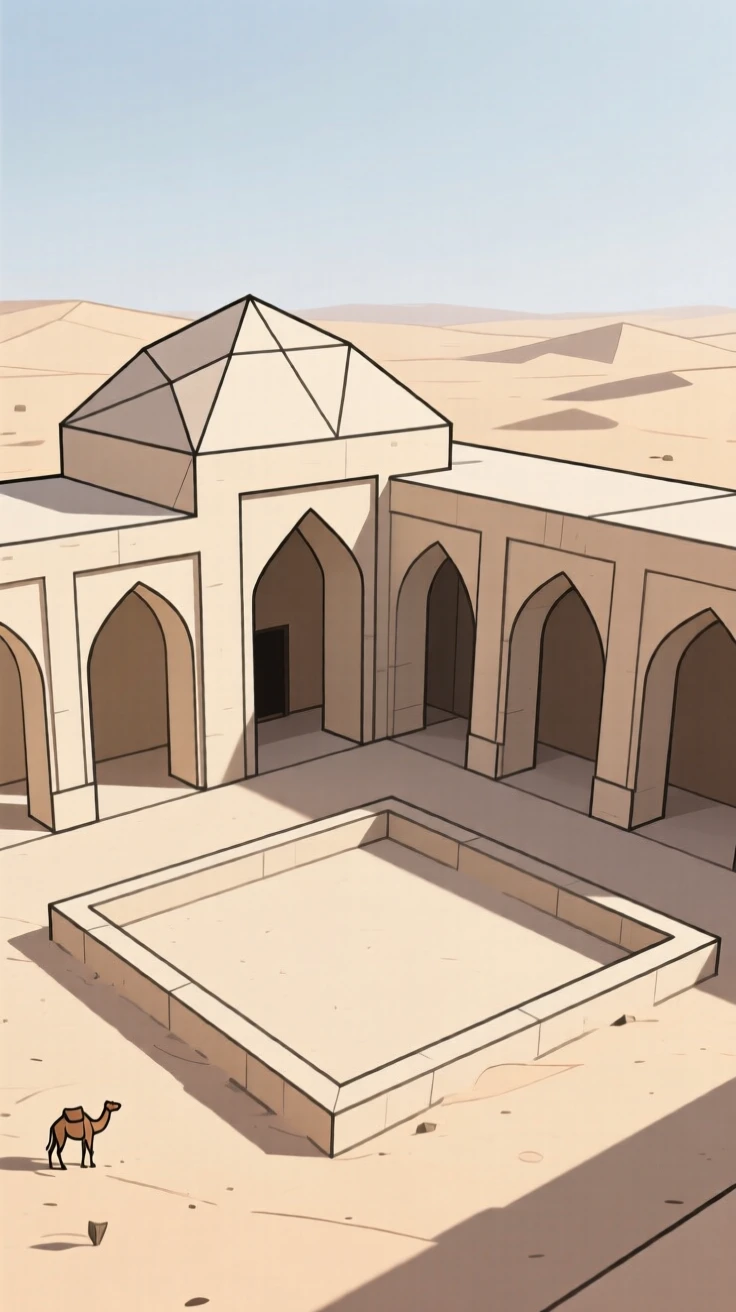 A desert caravanserai with an arched courtyard