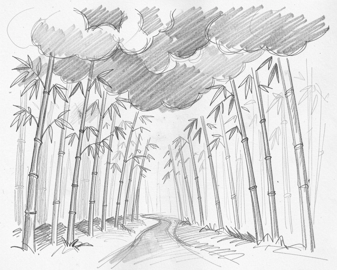 A tranquil bamboo forest, beneath dramatic storm clouds, with a narrow path leading into the distance.