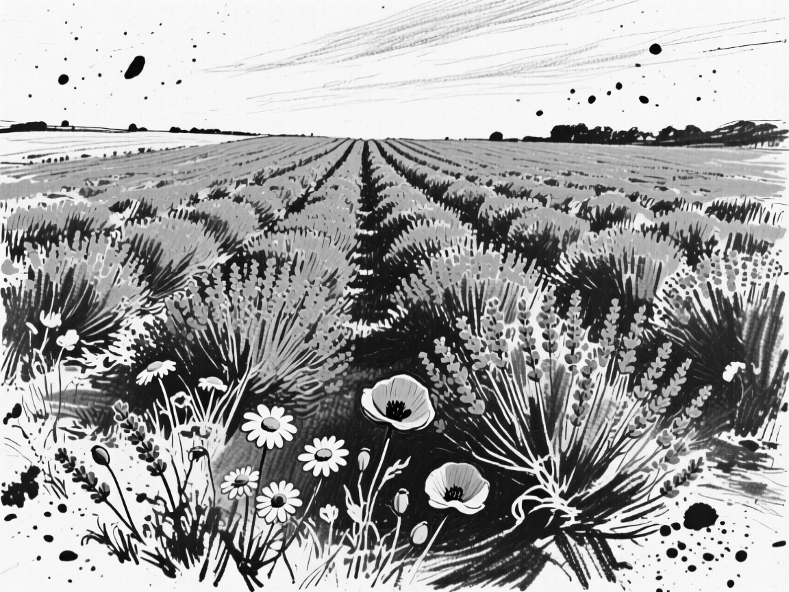 A lavender field in full bloom with wildflowers scattered across the foreground.