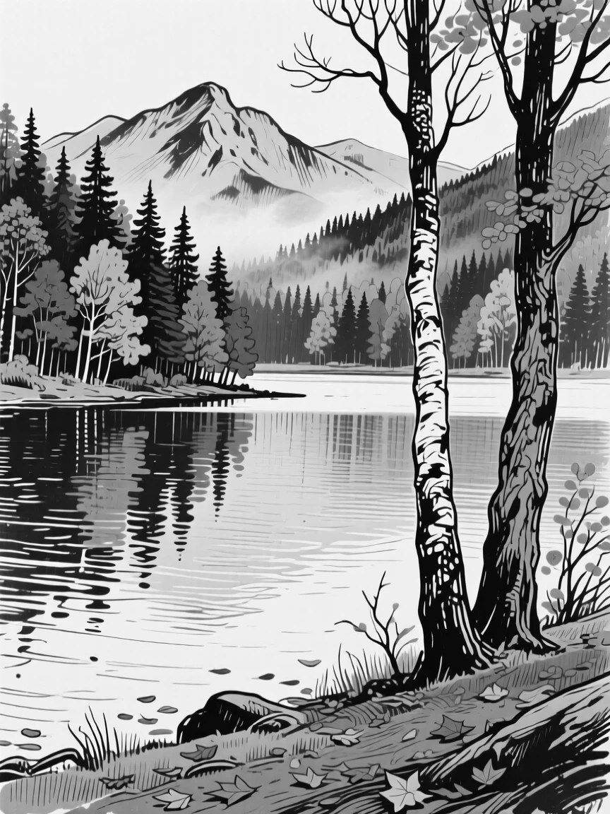 A quiet mountain lake surrounded by autumn-colored forest.