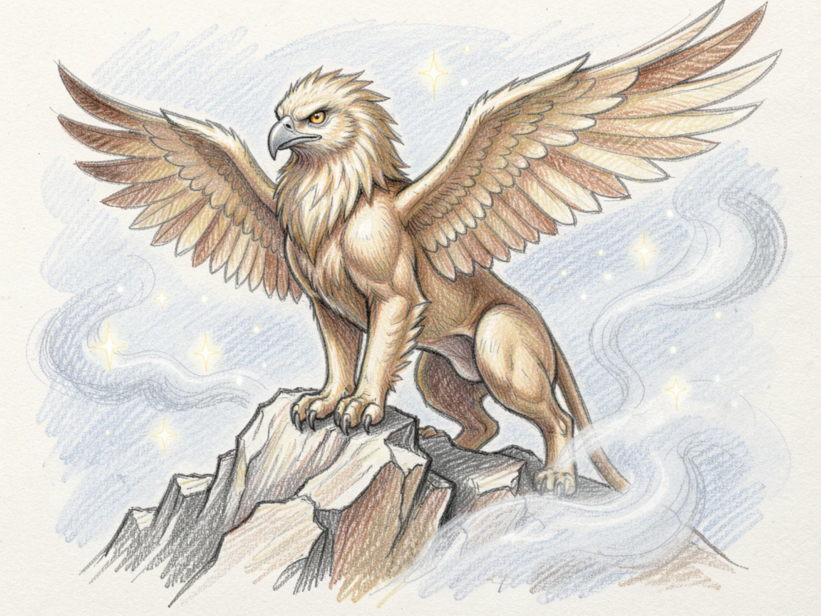 A griffin resting atop a windswept mountain cliff, surrounded by swirling mist and drifting sparkles of light, perfect for lovers of fantasy and fairy tales.