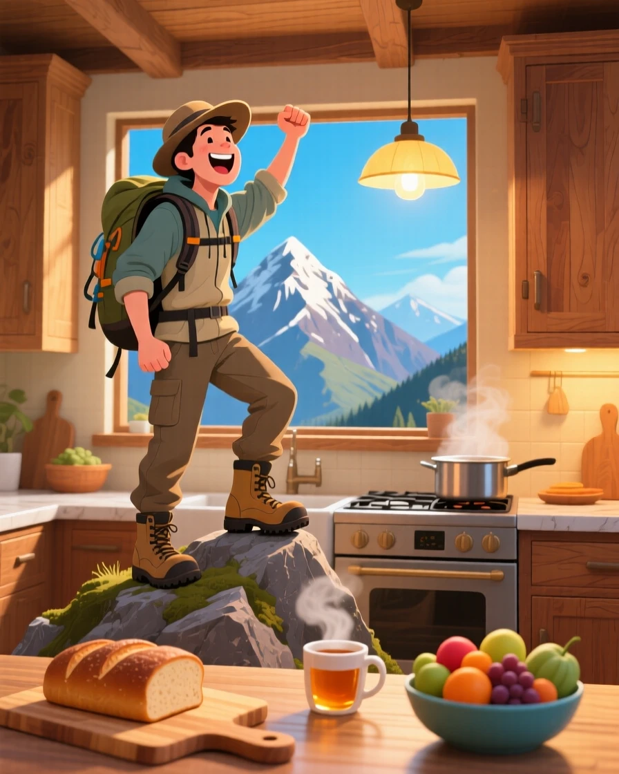A hiker standing triumphantly atop a mountain summit, in a warm, inviting kitchen filled with the smell of fresh food, captured mid-laugh with authentic energy, with a sense of warmth and togetherness in every detail.