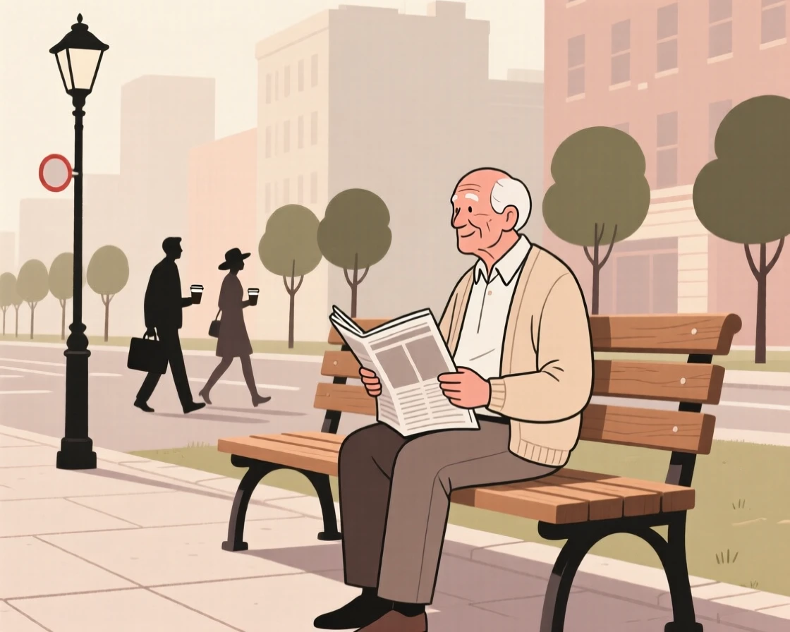 An elderly friends people-watching from a bench on a quiet weekday morning in the city.