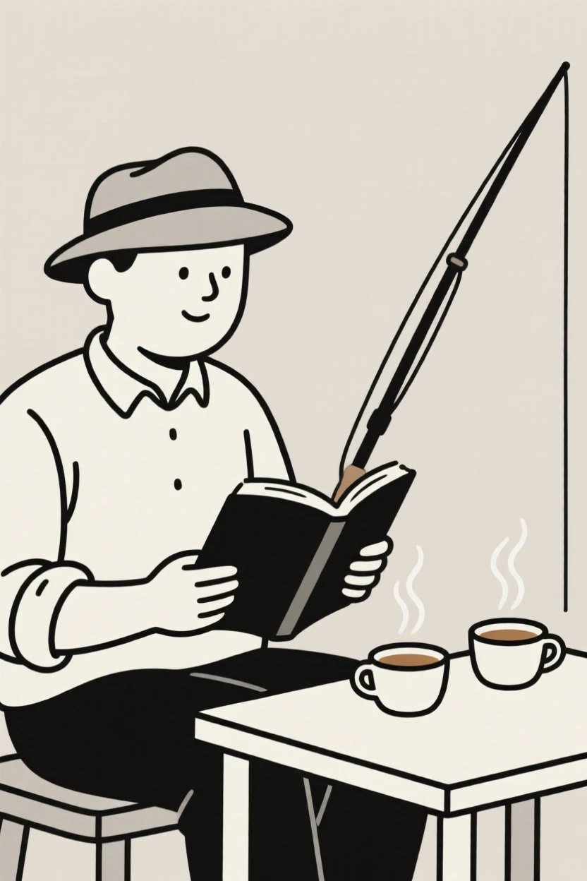 A portrait of a fisherman reading quietly near steaming cups of tea, filled with warm connection.