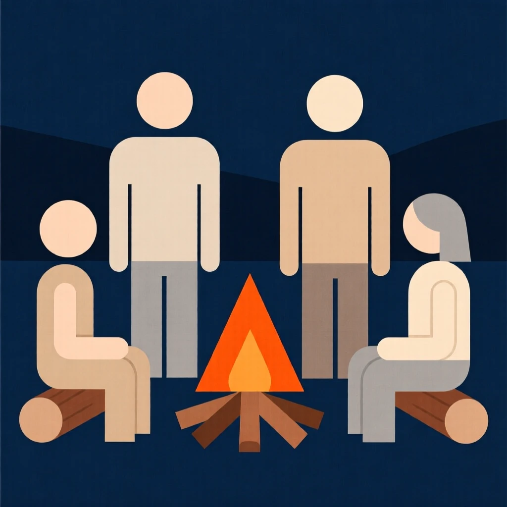 A family gathered around a campfire