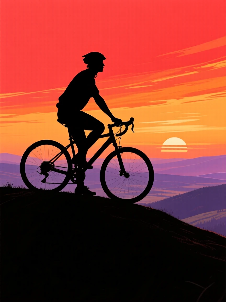A cyclist pausing atop a hill overlooking an entire valley below.