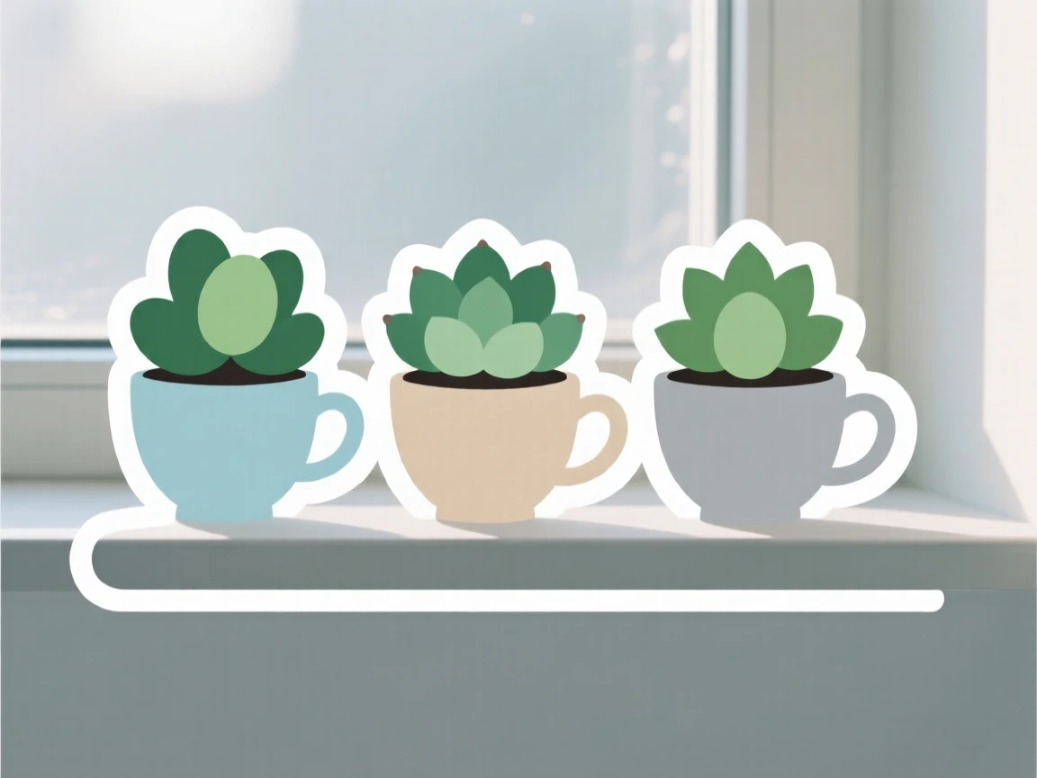 A peaceful tiny succulent trio in teacups, resting on a windowsill in the morning light, in a minimalist Scandinavian-style room.