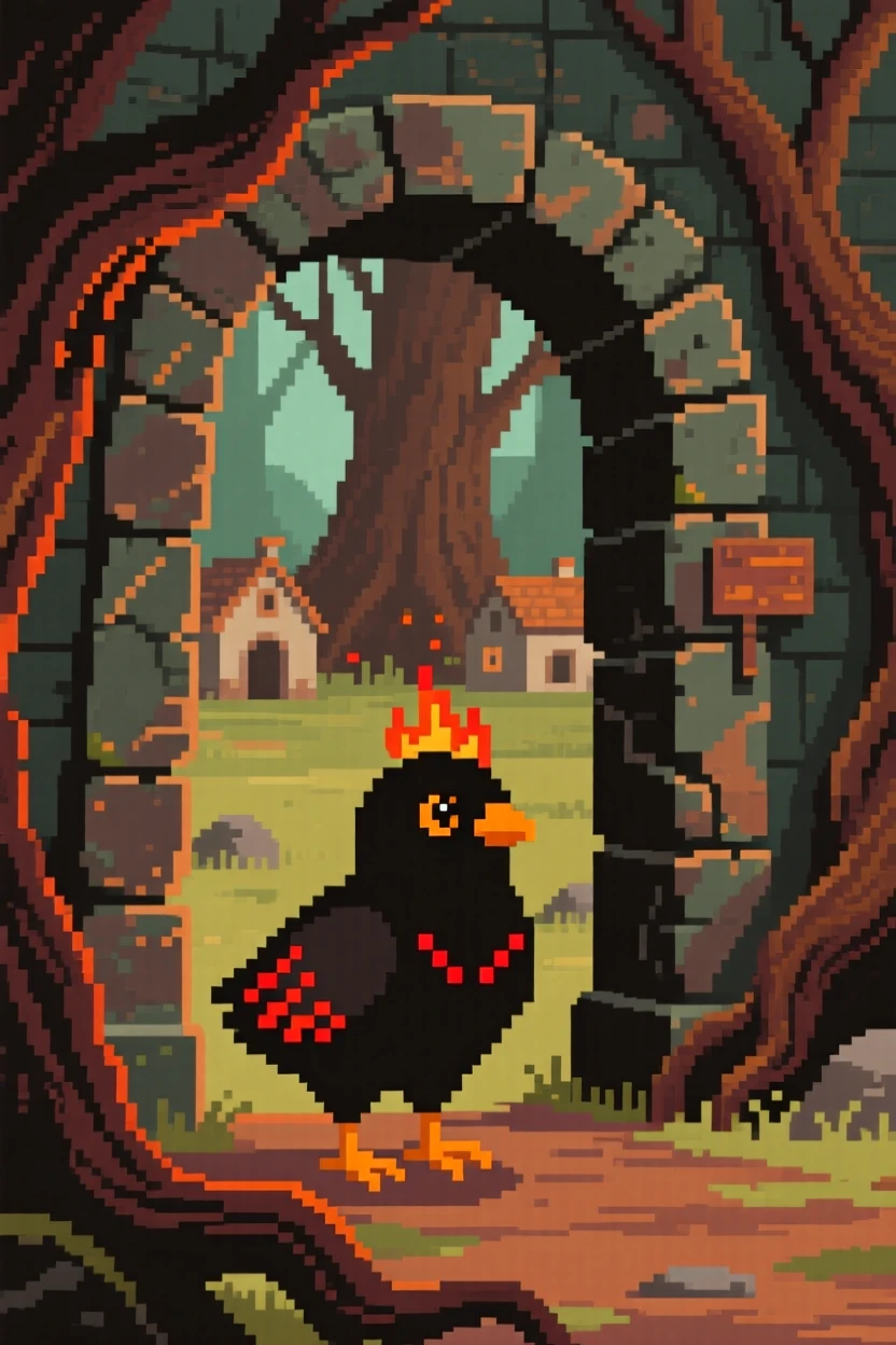 A phoenix chick with tiny embers for feathers guarding the entrance to an ancient ruin, in a village built into giant tree roots.