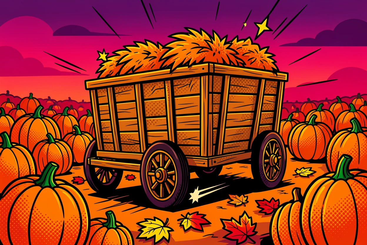 A hayride passing through a late-day autumn pumpkin patch