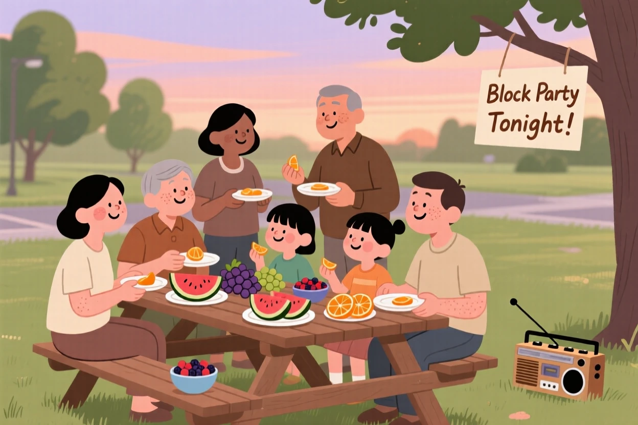 Neighbors gather for a block party in the local park, sharing platters of fruit and conversation as music from a small radio fills the warm evening air.