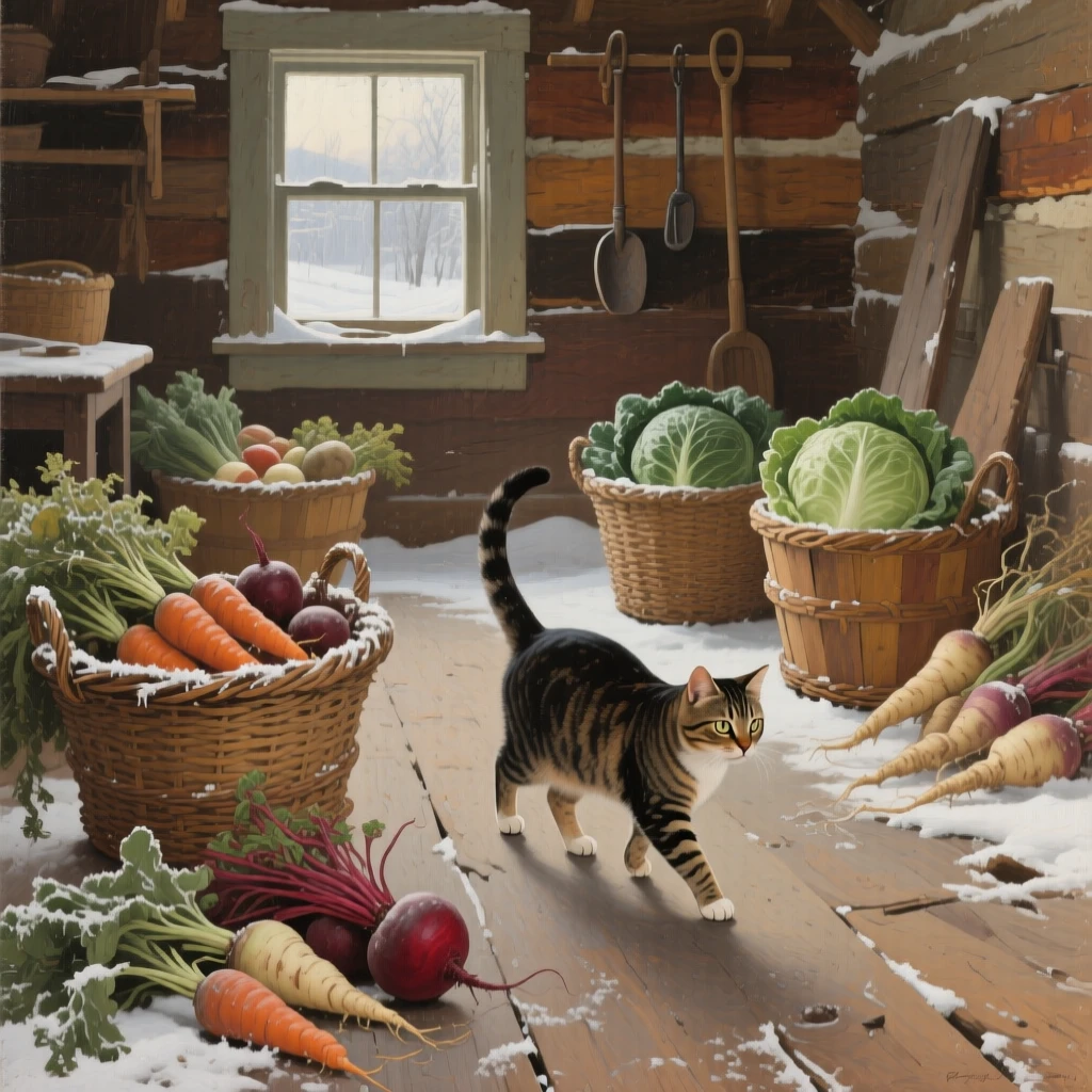 A wide establishing shot of a farm cat weaving between baskets of freshly picked vegetables, on the American frontier, in deep winter.