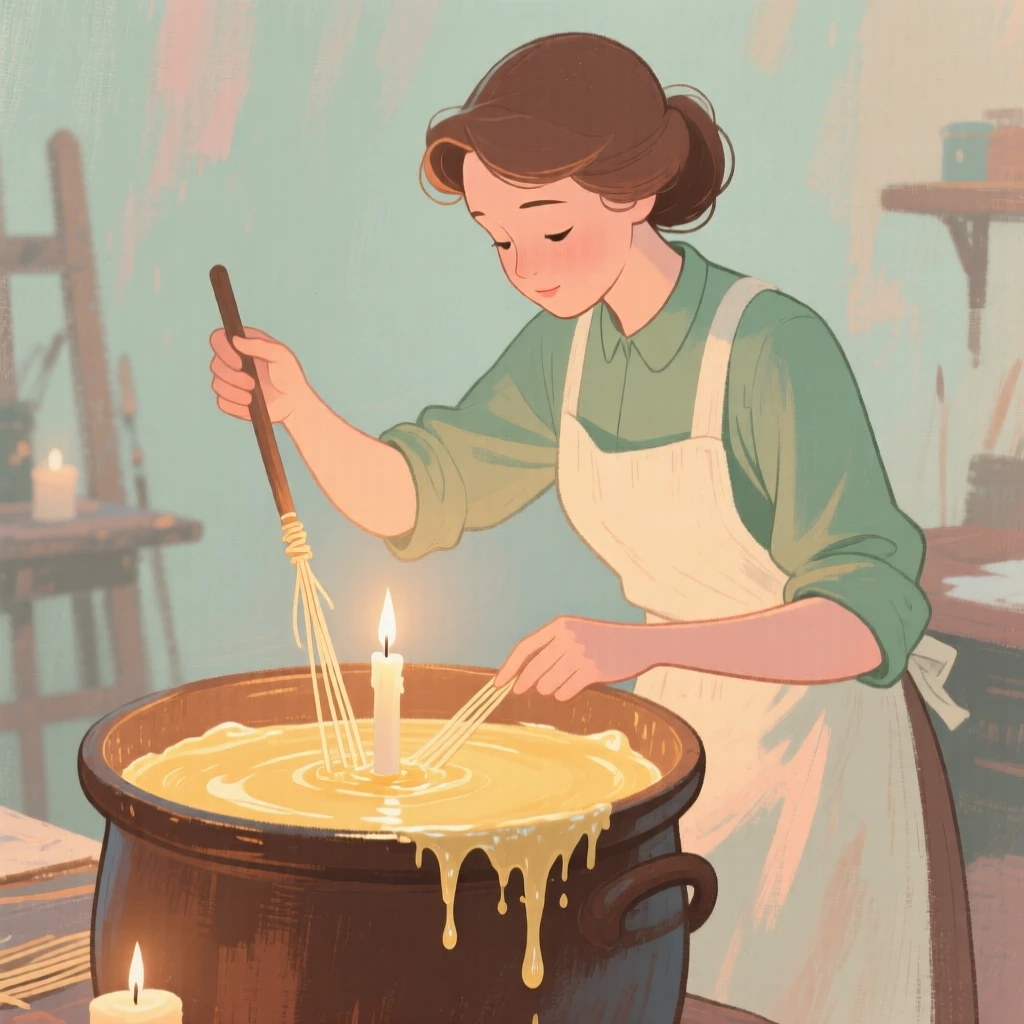A candle maker dipping wicks into a vat of warm wax