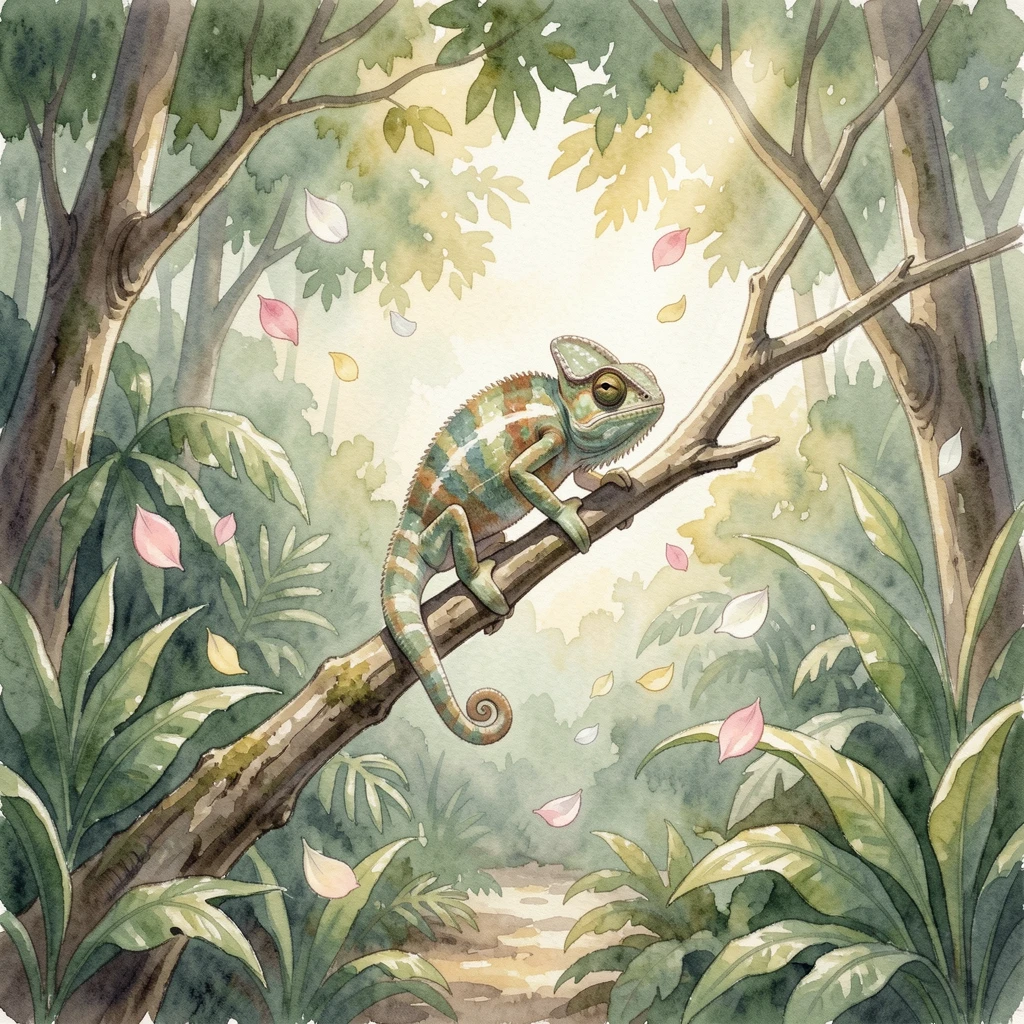A chameleon on a branch in a lush jungle clearing surrounded by falling flower petals.