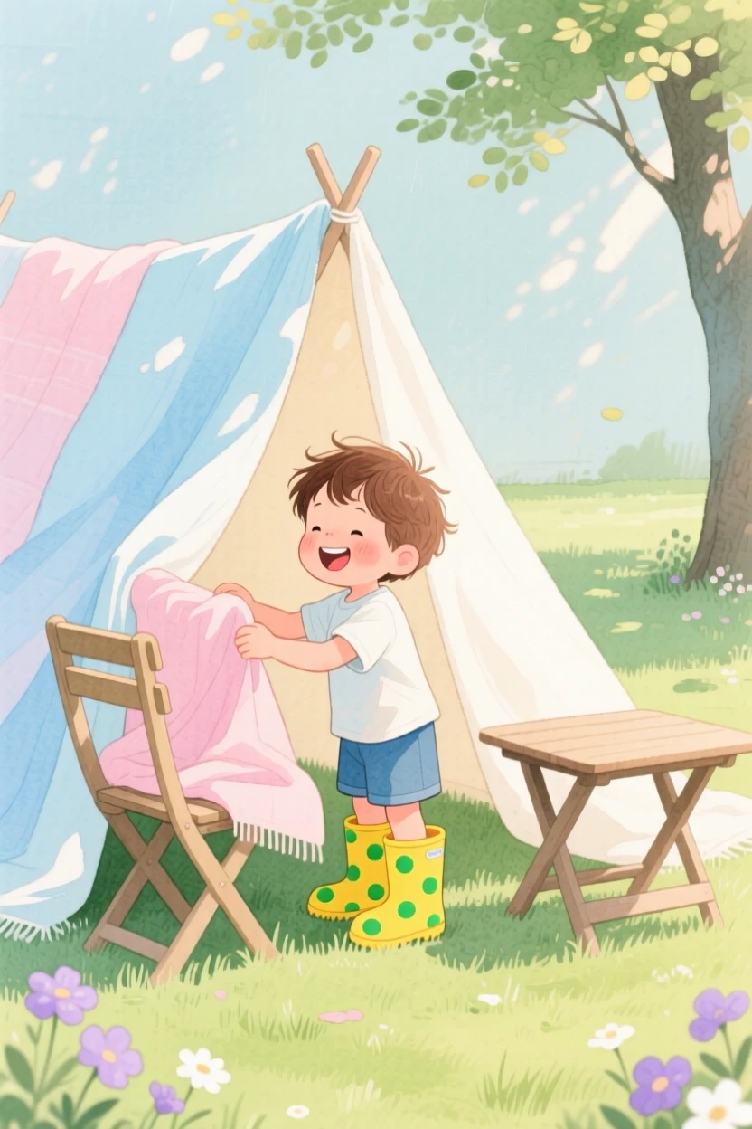 A young boy in rain boots builds a small fort out of blankets in a sunlit backyard, laughter and joy filling the warm afternoon air
