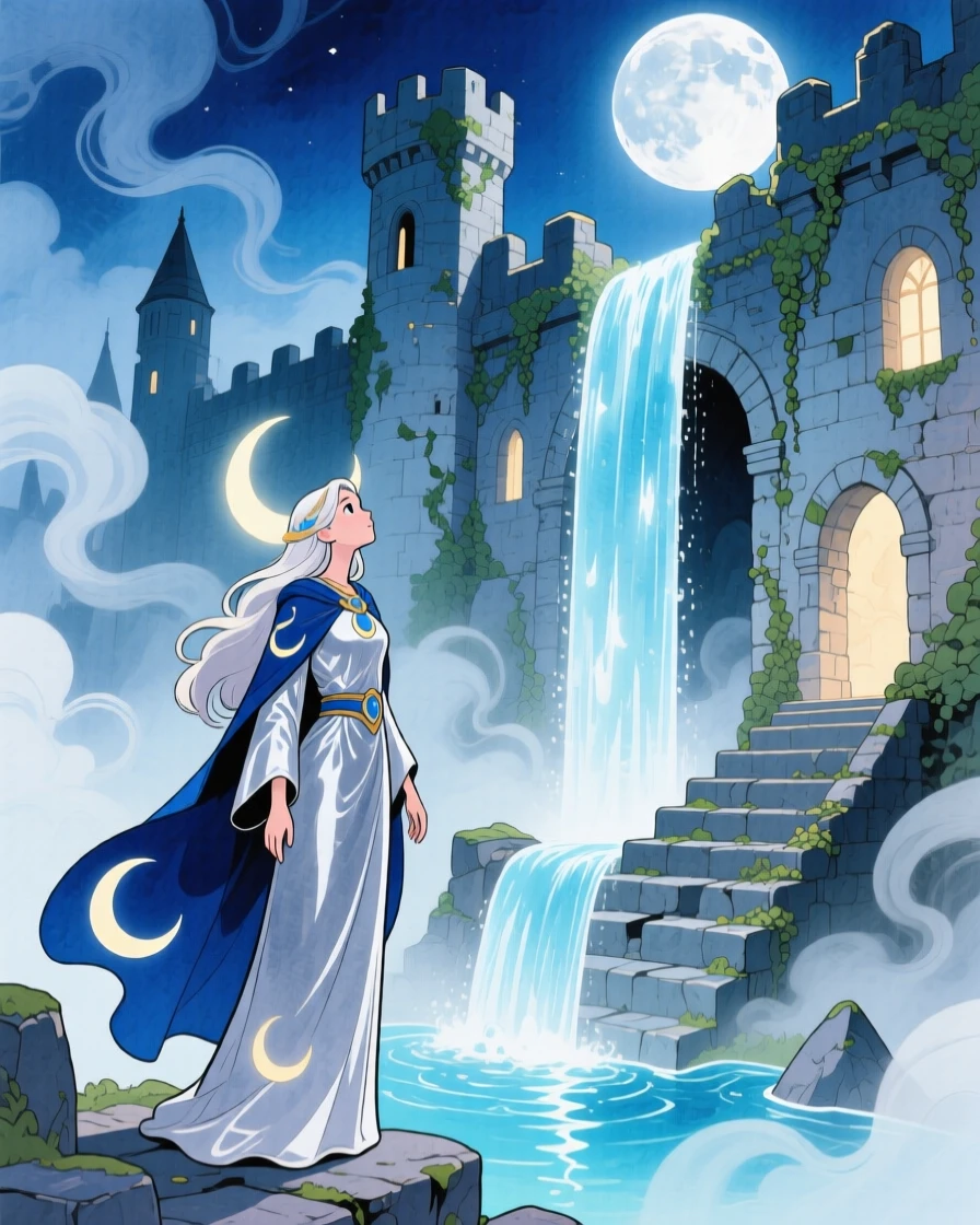 A moon priestess discovering a hidden waterfall that flows upward into the sky, in an ancient castle wrapped in mist, radiating hope and heroic determination.