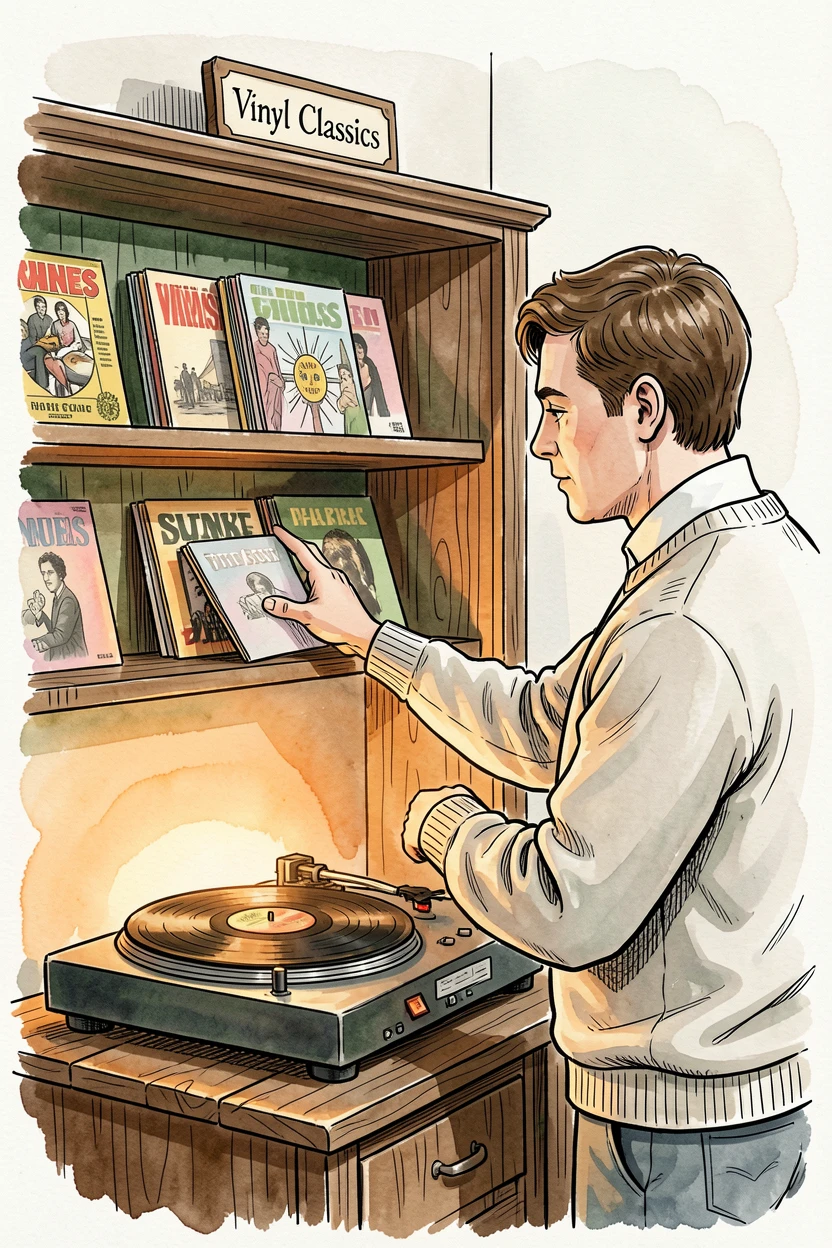 A collector arranging vintage vinyl records on a shelf beside a warmly lit turntable