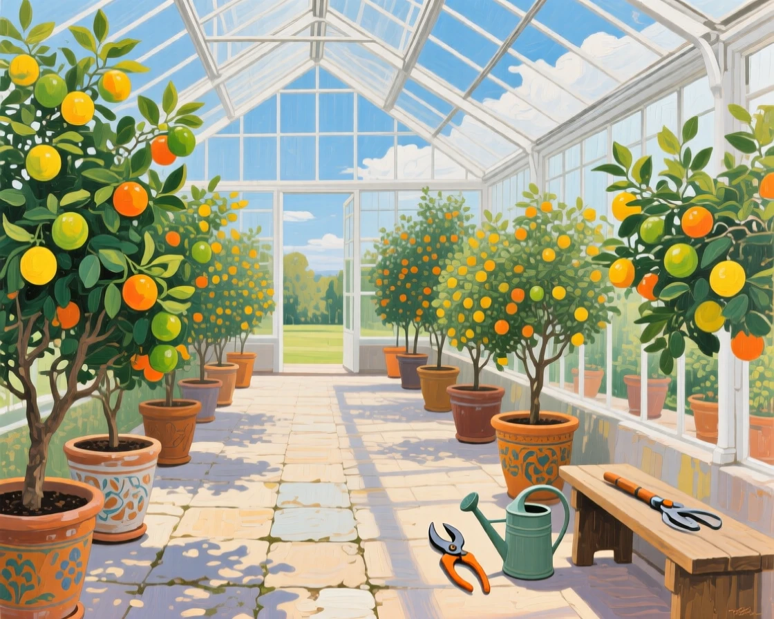 a greenhouse filled with potted citrus trees, in soft morning light, with a balanced, spacious view of the surroundings.